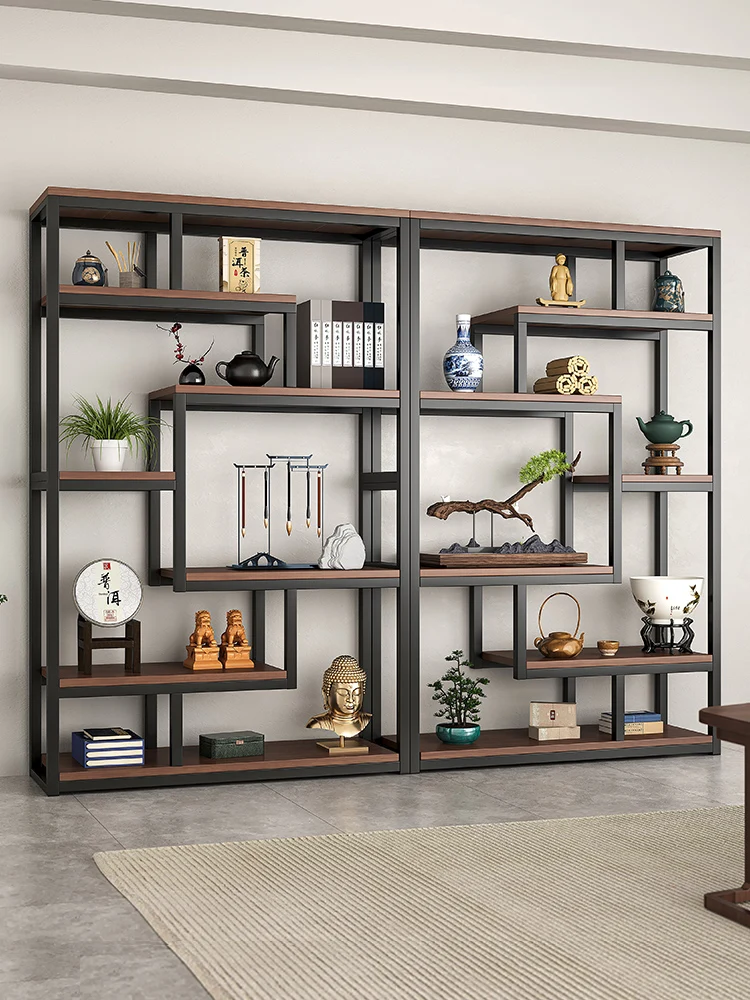 New Chinese Bogu frame Tea room rack Non-solid wood whole wall Living room Modern simple ornament rack