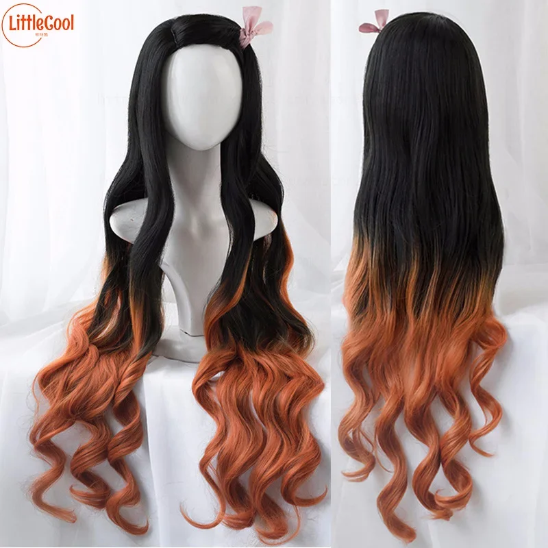 

Kamado Nezuko Cosplay Wig 95cm Long Curly Black Orange Brown Gradient Ombre Hair Heat Resistant Synthetic Anime Wigs + Wig Cap