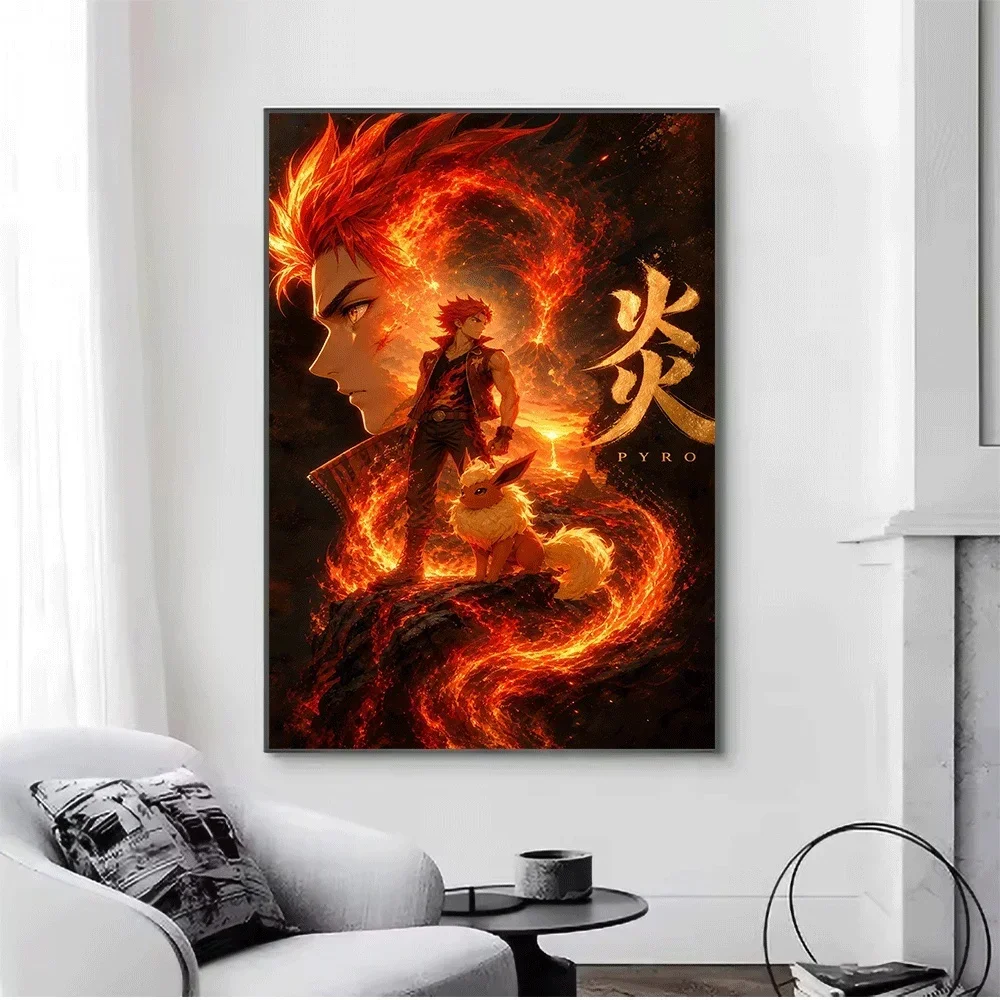 Anime Pokemon Ash Ketchum Starter Partners Canvas Wall Art, Classic Cartoon Trainer & Creature Frameless Canvas Painting for