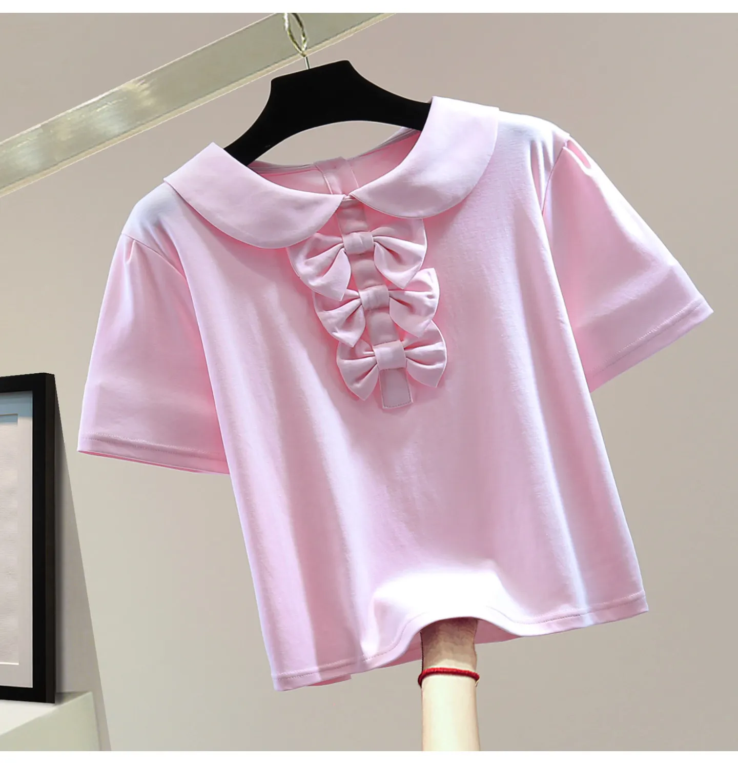 

Heavy Industry Bow Doll Collar T-shirt 2026 Summer Slimming Look Pure Color Casual Elastic Short Sleeve Straight Tops for Women