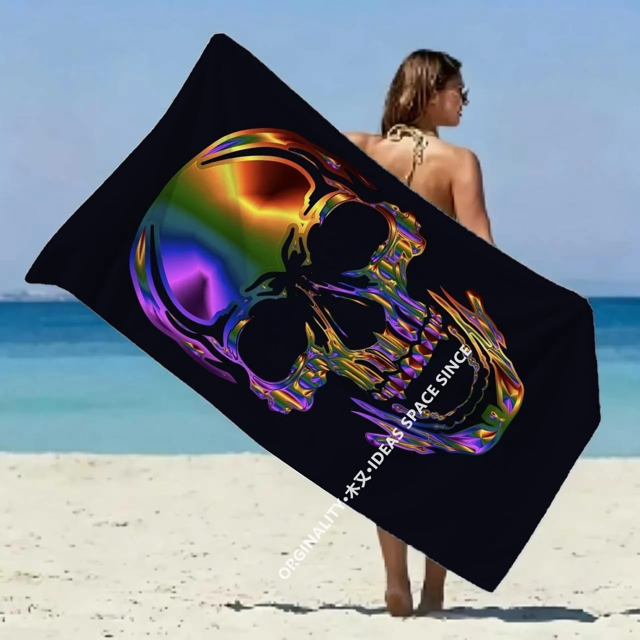 Holographic Skull Beach Towel Patterned Sunscreen And Windproof Suitable For Swimming Pool Camping Travel