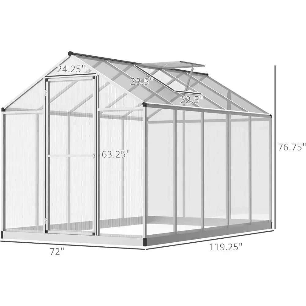 

10' X 6' Outdoor Greenhouse, Polycarbonate Greenhouse with Rain Gutter and Roof Vents, Aluminium Walk-in Greenhouse