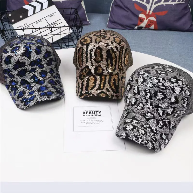 Summer Leopard Sports Cap Snapback Ladies Snake Women Mesh Baseball Caps Sequins Curved Hats Girls Hip Hop Hat Gorras Para Mujer