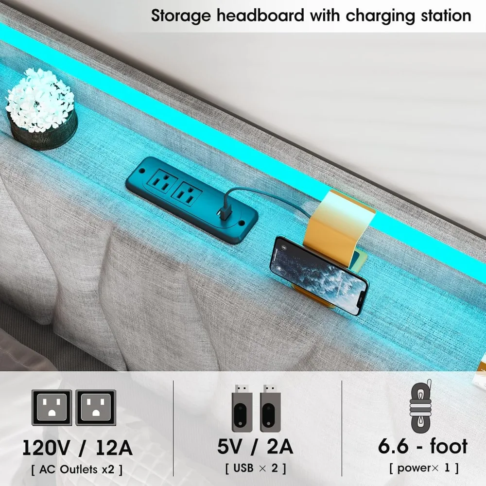 إطار سرير تخزين قابل للرفع مع لوح رأسي قابل للتعديل، محطة شحن، أضواء LED، شرائح خشبية، خالية من الضوضاء، بدون صندوق زنبركي