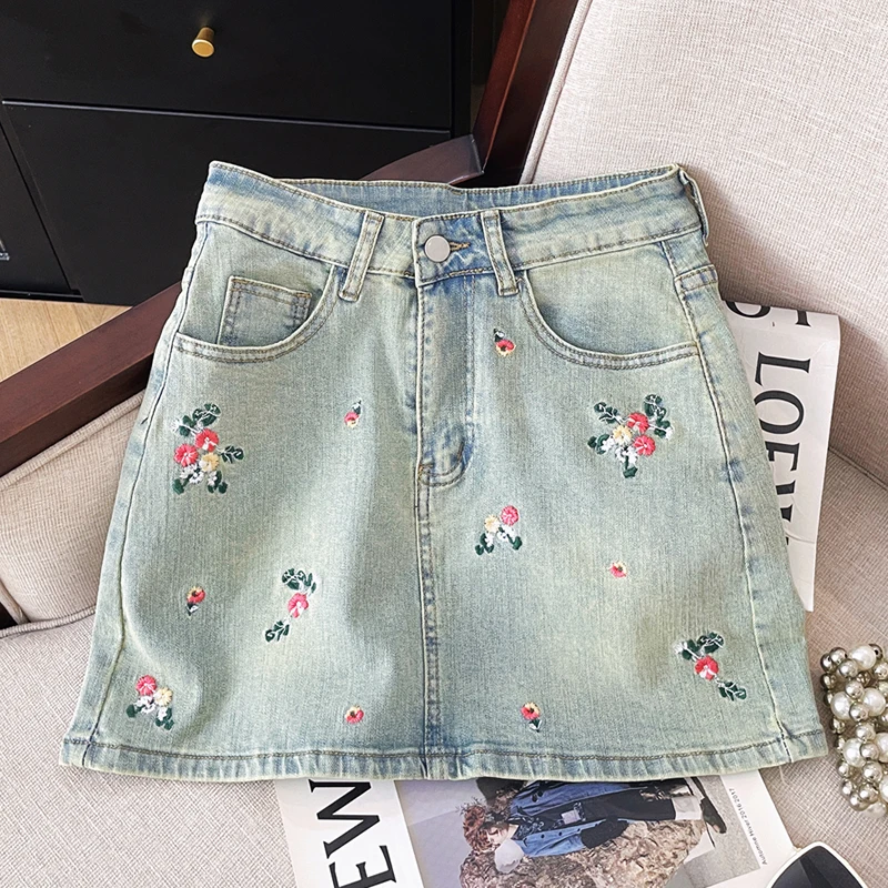 Embroidered Floral Stretch Denim Skirts Women Summer New High Waist Skorts Casual Pocket Short Mini Skirts Hot Girls 2024 Y2K