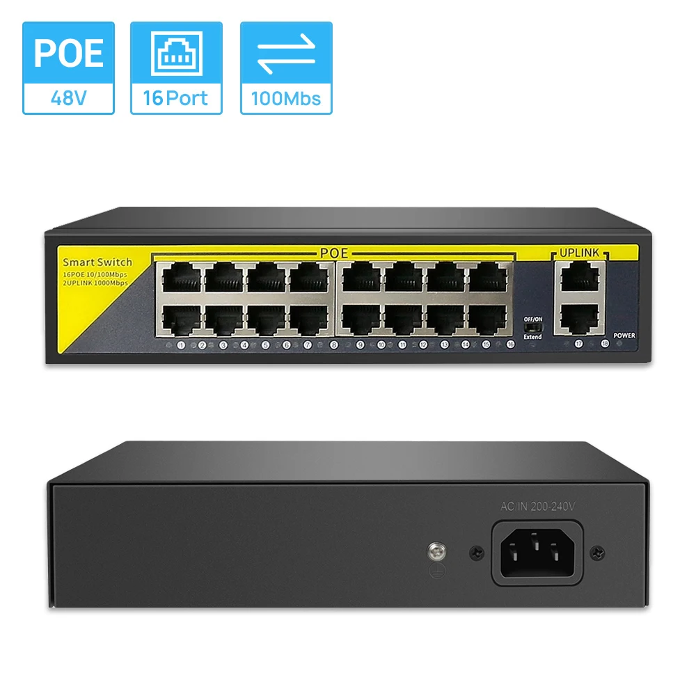 

16-канальный POE-коммутатор с 2 портами Uplink Ethernet + 16 портами POE IEEE802.3af 10/100 Мбит/с POE48V для IP-камер, NVR, систем видеонаблюдения