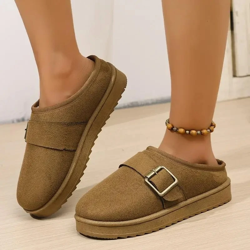 

2025 новые модные уличные тапочки с металлической пряжкой для женщин, модные теплые зимние тапочки на толстой подошве для женщин