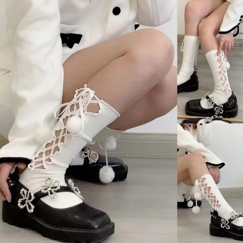 المرأة لوليتا مضلع القطن العجل الجوارب الكرة القطيفة للصليب Bowknot جوفاء Stocki 15UB #5