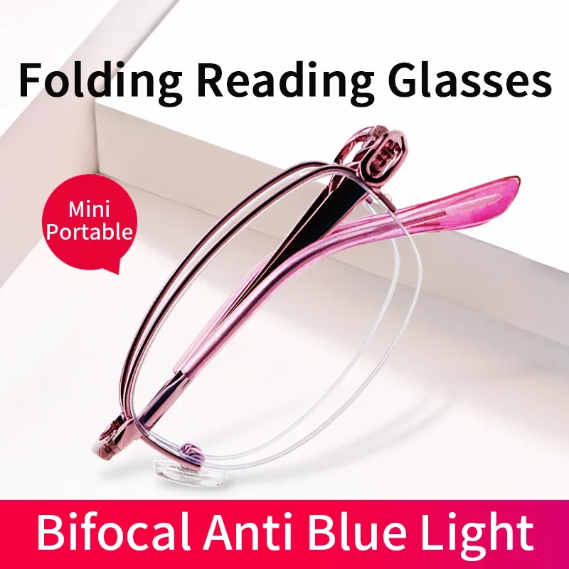 Bifocal Folding Reading Glasses for Women, Anti Blue Light Magnifying Presbyopia Eyeglasses Portable Pocket Readers