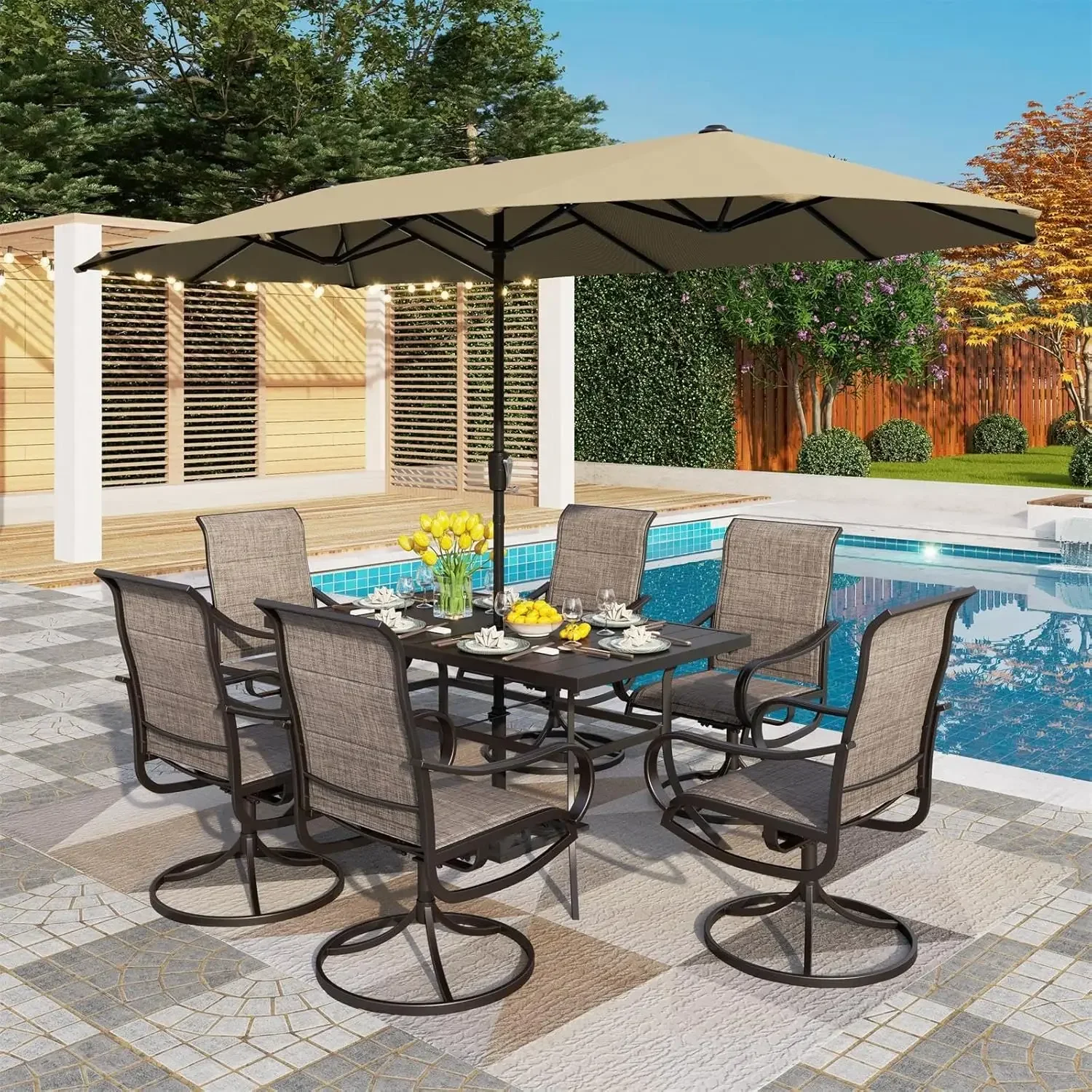 8 Piece Patio Dining Set with 13ft Patio Umbrella (Beige), 6 Outdoor Padded Swivel Dining Chairs