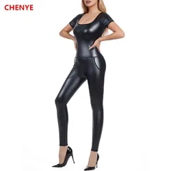 Seamless Short Sleeve Bodysuit Women's Faux Leather Jumpsuit PU Jumpsuit Waist Trainer Corset Body Shaper Shapewear with Pockets