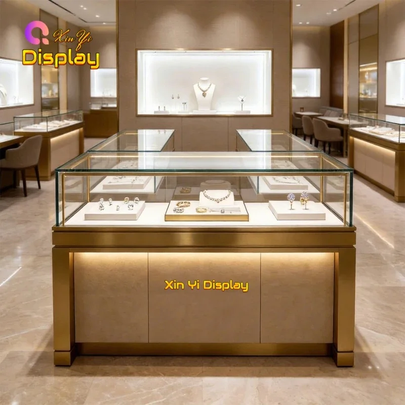 custom.Complete Jewelry Interior Display Set Island Counter LED Stainless Steel/MDF/Tempered Glass Eco-Friendly Showc