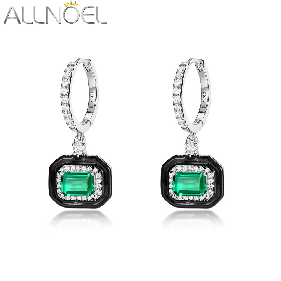 ALLNOEL 925 Sterling Silver Dangling Earrings for Women Black Enamel 5*7mm lab Created Emerald Luxury Classic Gifts Fine Jewelry