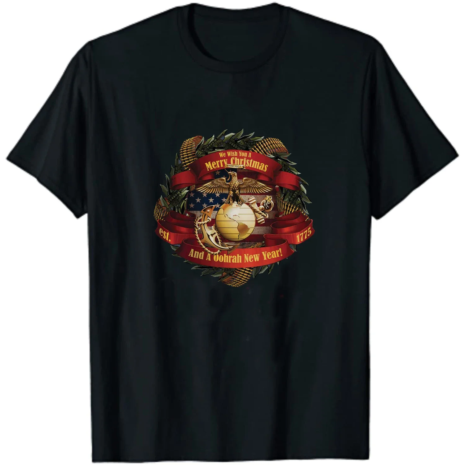 

US Marine Corps Christmas Wreath Xmas Gift T-Shirt New 100% Cotton Short Sleeve O-Neck Harajuku Casual Mens T-shirt Streetwear