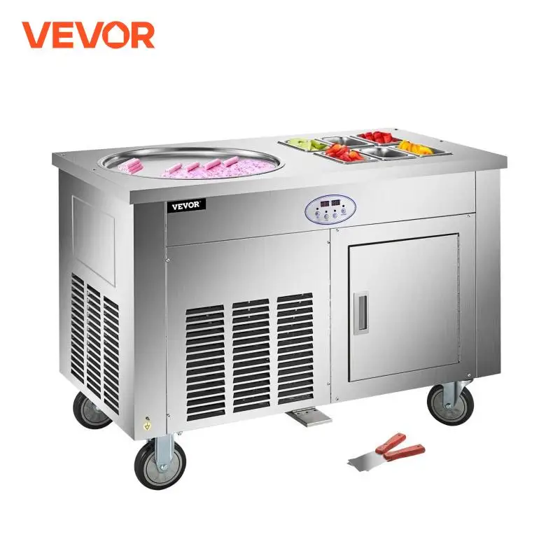 VEVOR 1450W Commercial Fried Ice Cream Roll Machine w/ 6 Buckets Single Square Pan Stainless Steel Home Ice Cream Porridge Maker