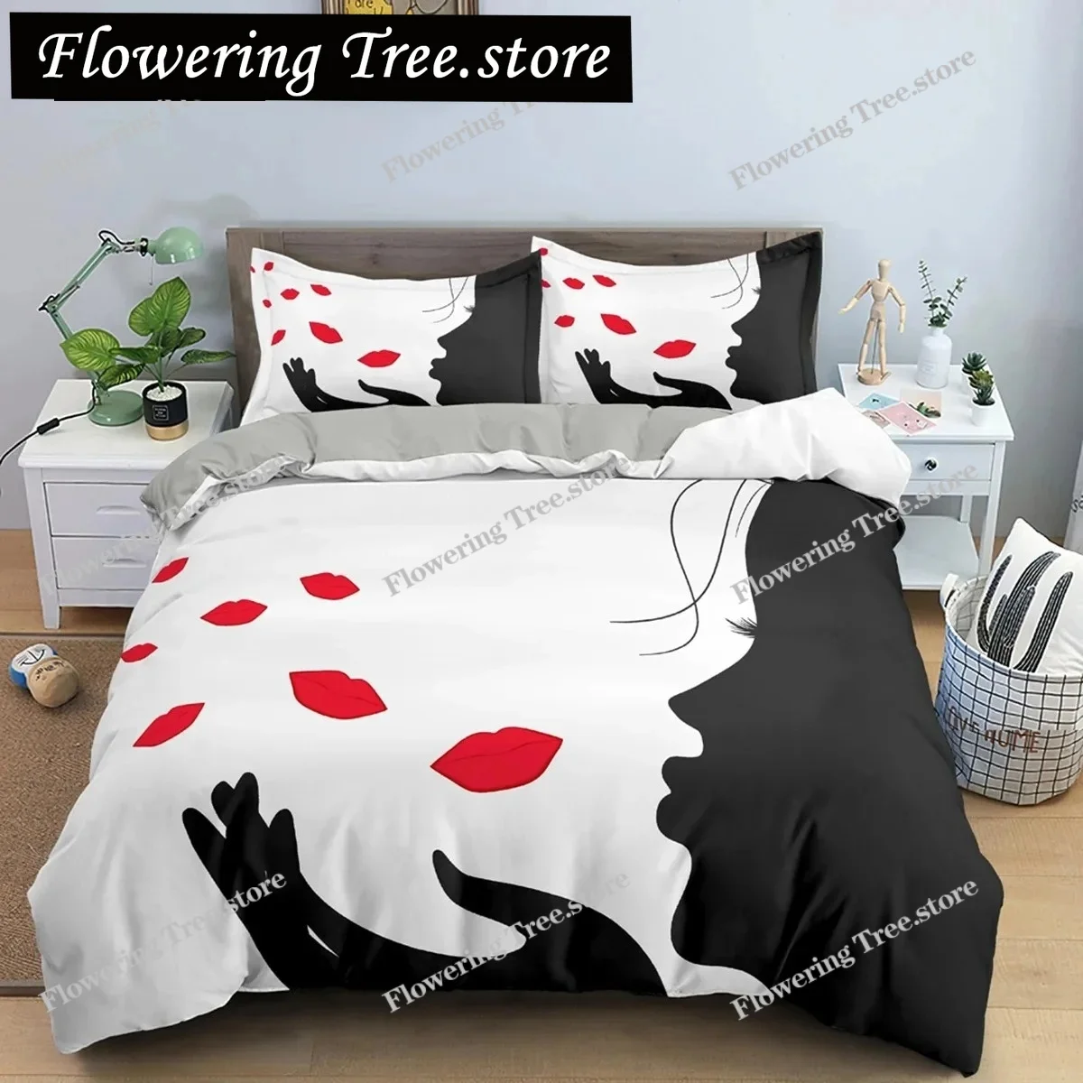 

Hand-drawn Woman Portrait Duvet Cover Set Microfiber Black And White Floral Background Bedding Set For Girls Quilt Cover