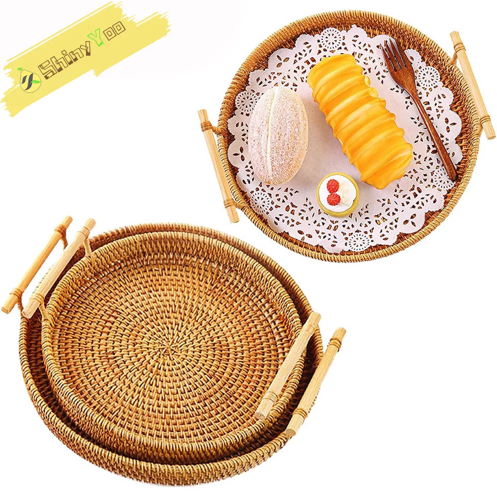 

Rattan Serving Tray with Handles, Round Hand Woven Basket Organizer Tray Natural Basket for Storage Bread Fruit Snack Decorative
