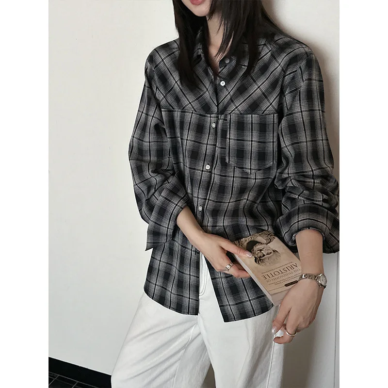 خمر الطبقات منقوشة قميص المرأة الخريف جديد اللون محبوك سترة تنوعا طويلة الأكمام البلوز الأعلى