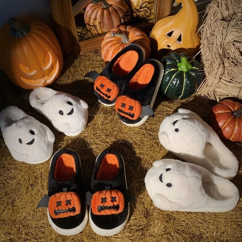 

Casual Soft Ghost Slippers Silent Non-Slip Halloween Slippers Warm Fur Winter Fluffy Slides Bedroom