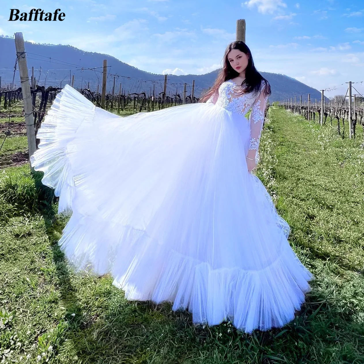 

Bafftafe White A Line Tulle Appliques Lace Wedding Dresses Long Sleeves Korea Women Formal Party Bride Dress Bridal Gowns