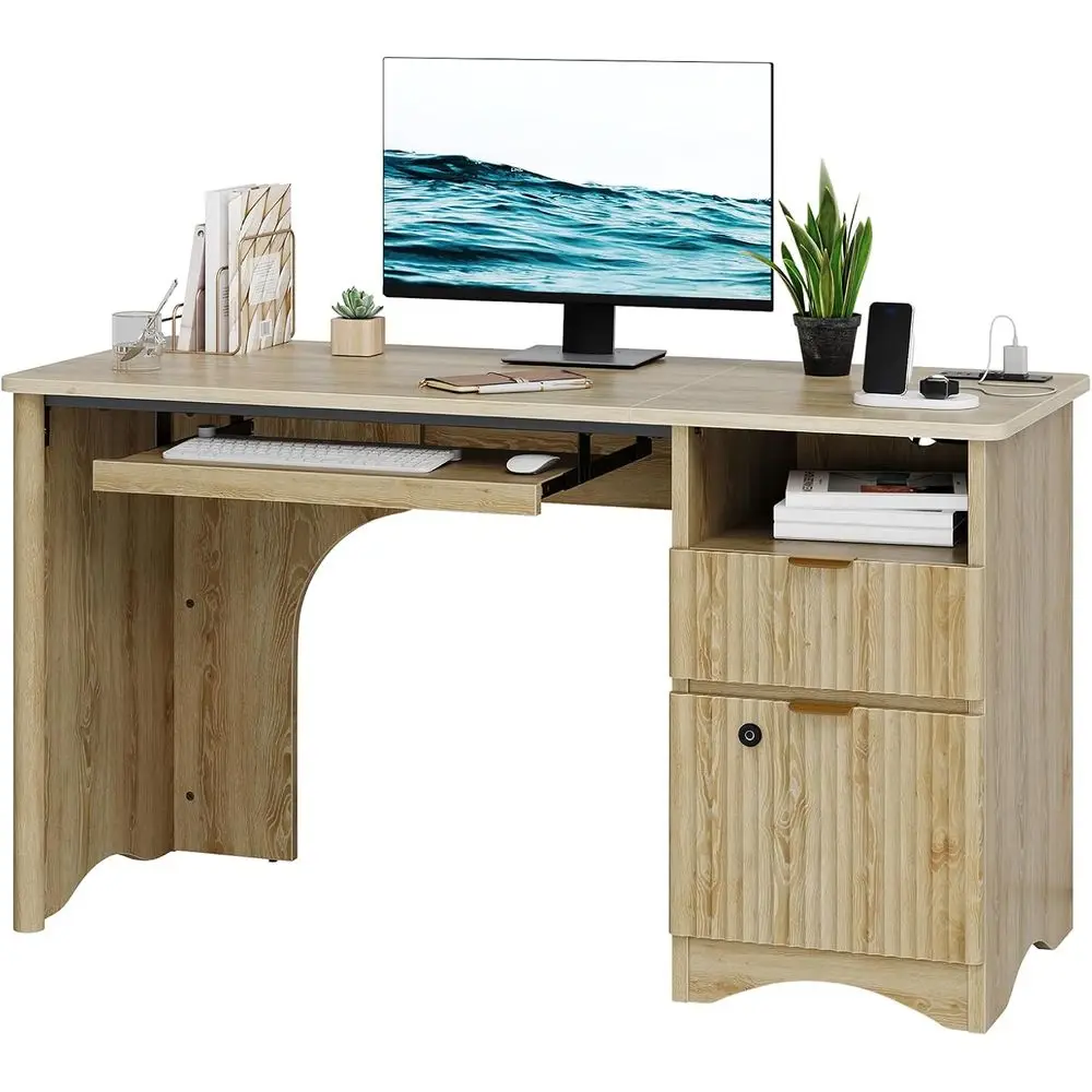 

55 Oak Wood Computer Desk with Fingerprint Lock Drawers, Keyboard Tray & Charging Station