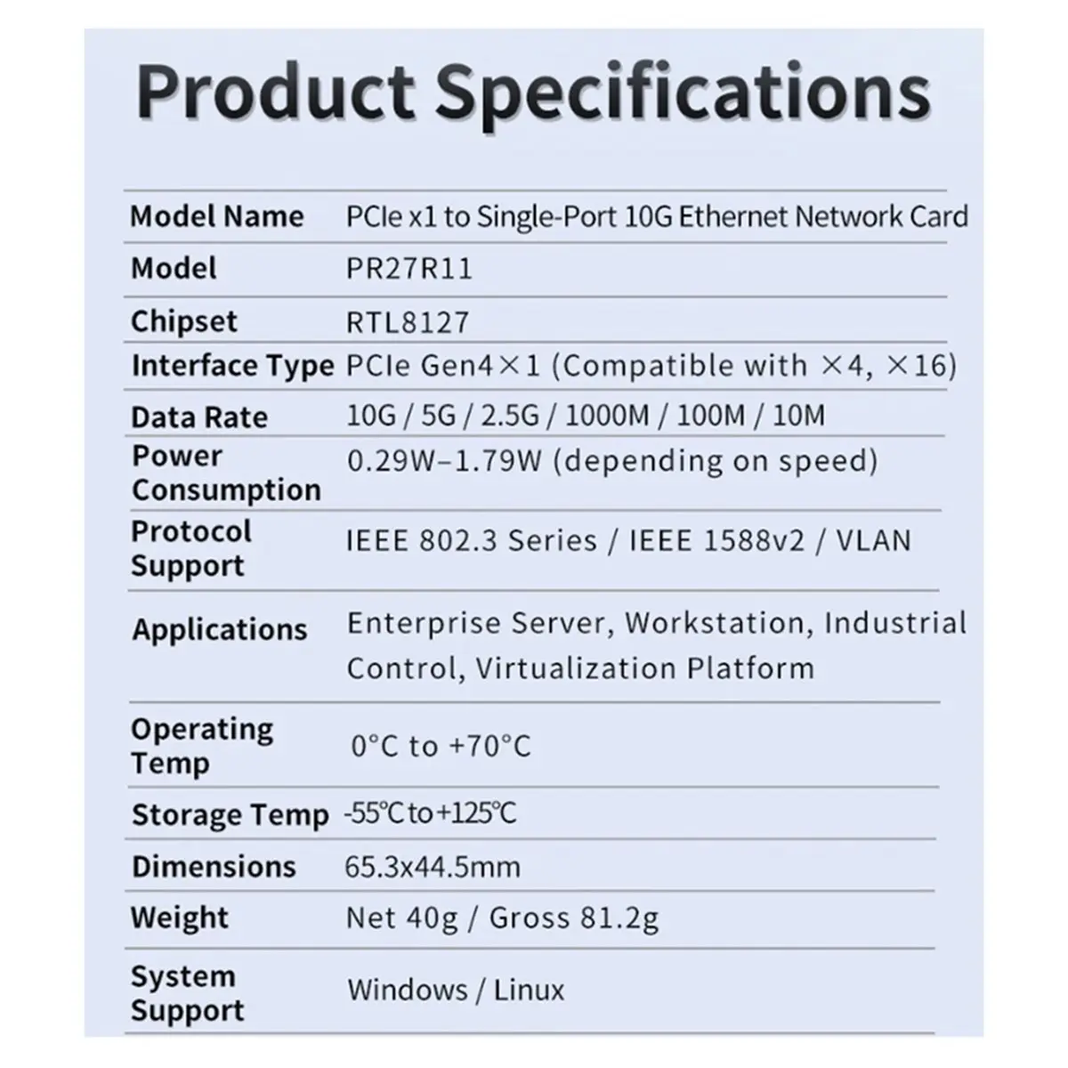Y69A 2X New 10G Ethernet Network Card 1 Port PCIe 4.0 X1 10G RJ45 Lan Card for Realtek8127(PXE) Multi-Gigabit Network Speeds