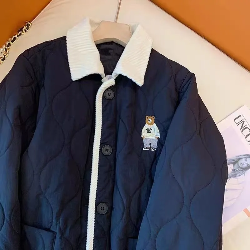 Women's Color Blocking Turn-down Collar Little Bear Embroidery Cotton Coat New Loose Short Jacket Warm Quilted Winter Coat Parka