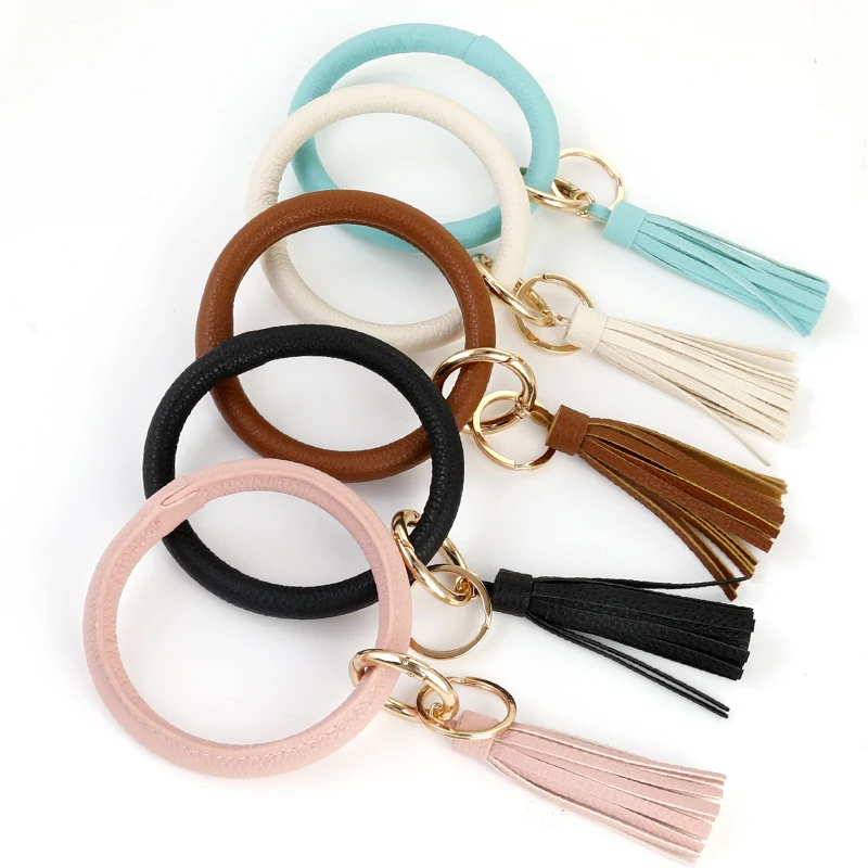 Amorcome Mix Style PU Leather Keyring Bracelets Tassel Wristband Keychain Bracelet Circle Key Ring Chain Bangle Women Jewelry