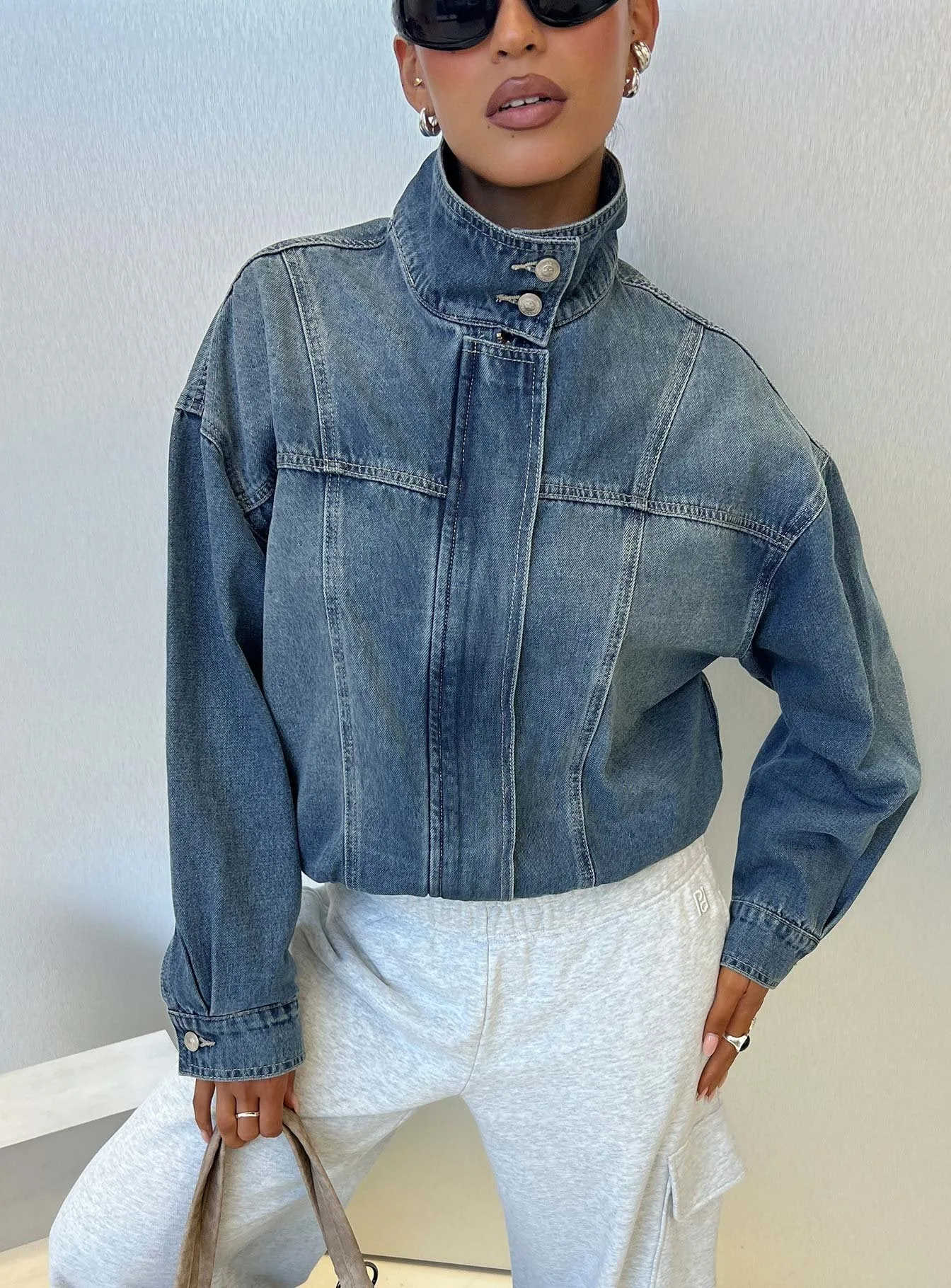 Herbstliche amerikanische Vintage-Damen-Jeansjacke mit Stehkragen, locker geschnitten, langärmelig, modisch, lässig, Streetwear, Winter-Jeansjacke – Detail 7