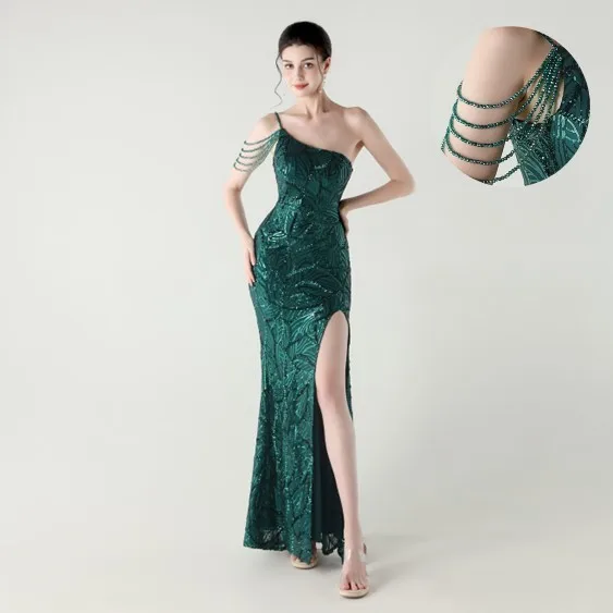 

Prom Dress Women Party Long Elegant Sequin Evening Dress Mermaid Silhouette High Slit Maxi Dress Champagne Floor Length Slim Fit