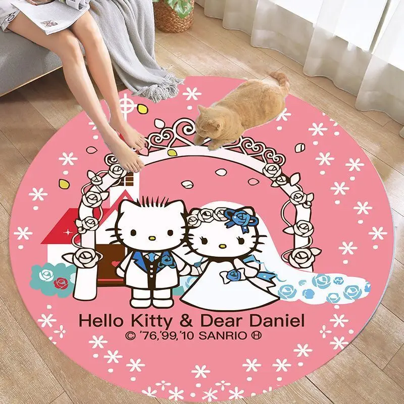 80x80cm Hello Kitty Cute Cartoon Circular Carpet Living Room Tea Table Sofa Bedside Carpet Children's Room Non Slip Floor Mat