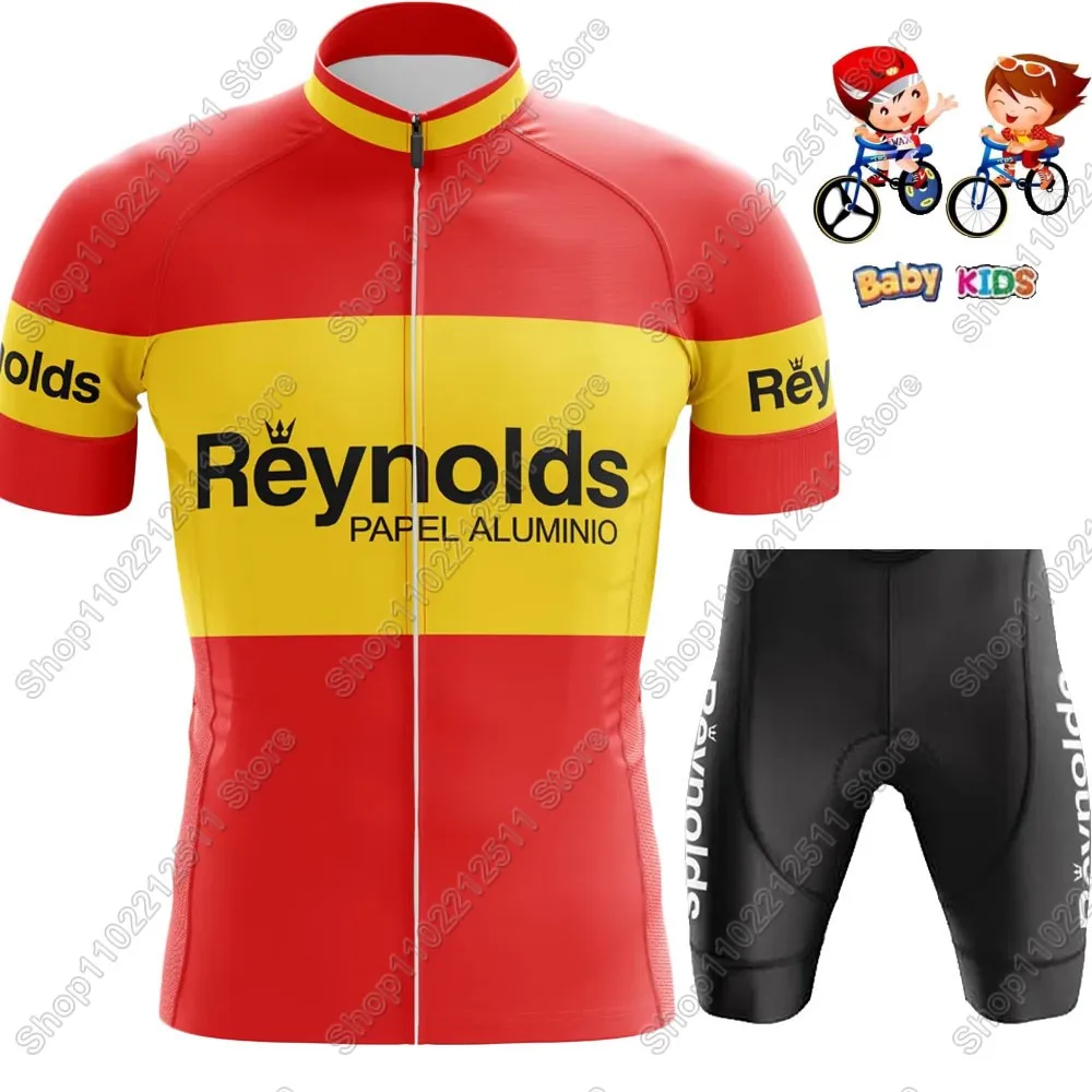 أطفال رينولدز 2025 فريق الدراجات جيرسي مجموعة بنين بنات ريترو فرنسا اسبانيا الدراجات ملابس دراجة أطفال دعوى الجبلية روبا مايوه