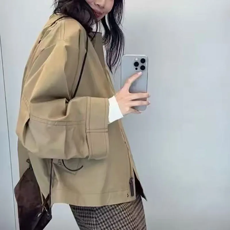 2026, New Design, Women's Leather Collar Patch Jacket Coat, Fashionable Loose Short Windbreaker, High-Quality Kimono, Y2K, Top