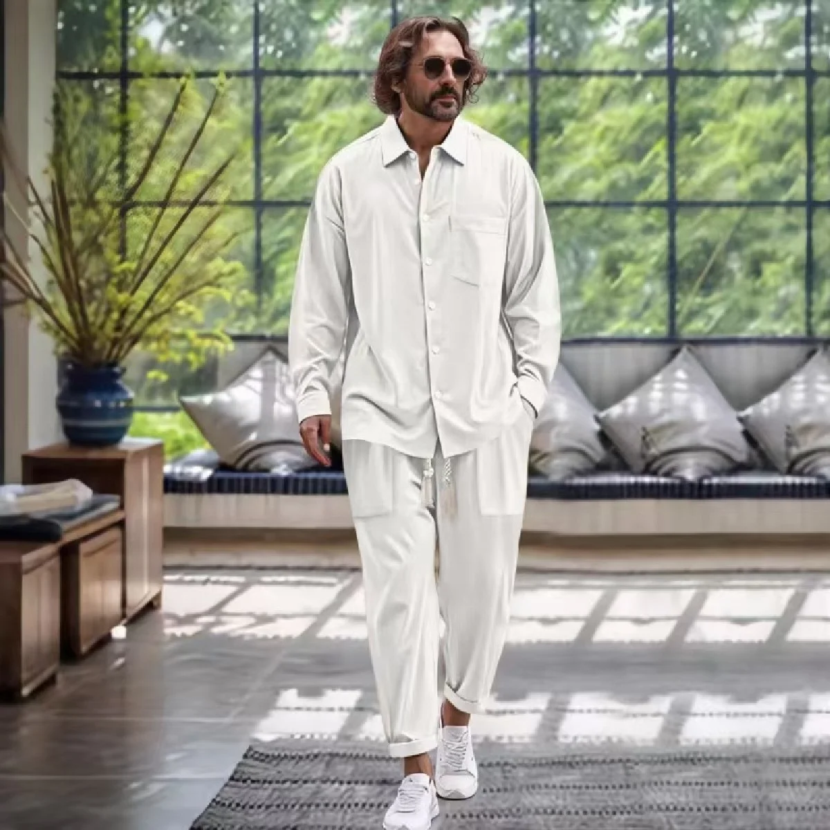 Spring/autumn men's new long-sleeved shirt and pants casual suit, retro and comfortable shirt suit, solid-color sports shirt set