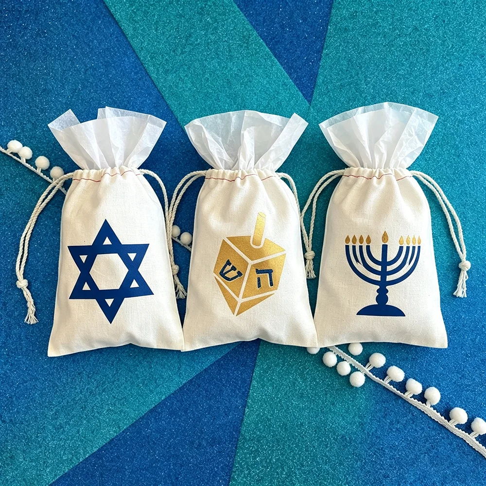 6/12Pcs Menorah Dreidel Star of David Drawstring Gift Bags Happy Hanukkah Supplies Jewish Festival of Lights Kids Snack Toy Bags