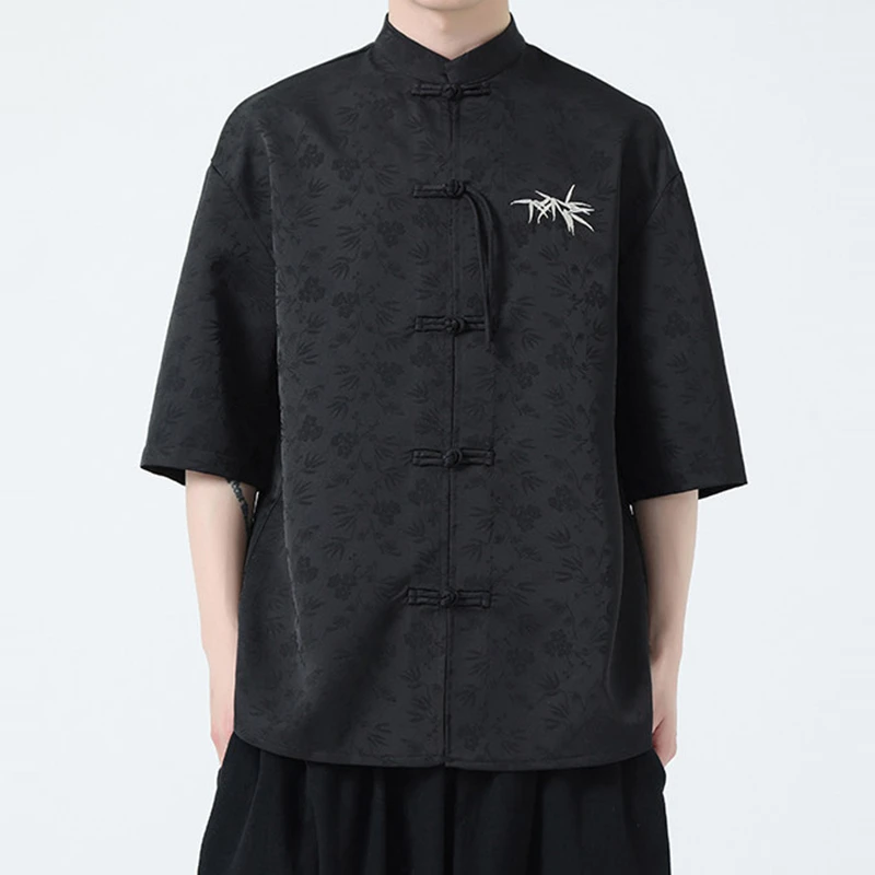Chinese Style Men Casual Shirt New 2026 Summer Vintage Mandarin Collar Frog Button Loose Male Short Sleeve Tops Shirts N091