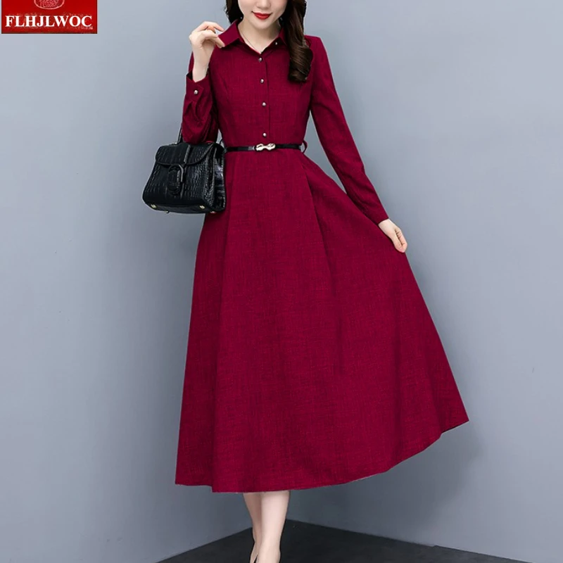 Cotton Linen Long Maxi Dresses Elegant Office Lady Women 2025 Autumn Long Sleeve Retro Vintage New Year Solid Red Shirt Dress