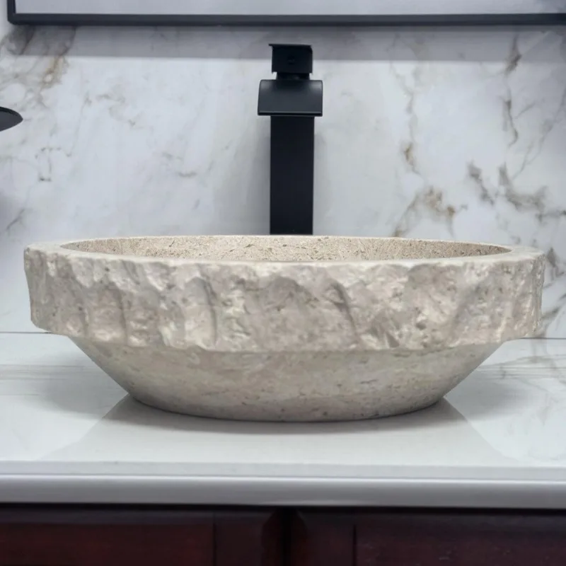 White Travertine Container Sink Organic Round Basin Custom Vessel Sink Modern Country Bathroom Home Decor