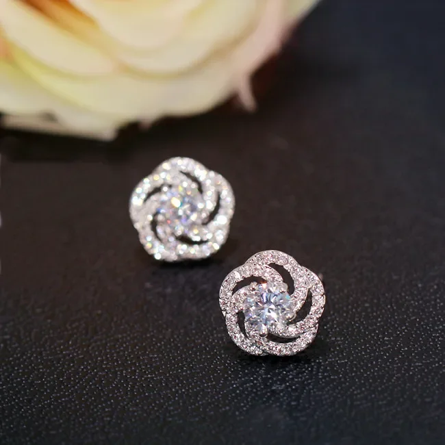 New Arrival Jewelry Female 925 Silver Needle Twist Rose Flower Zircon Crystal Stud Earrings for Women Brincos Pendientes