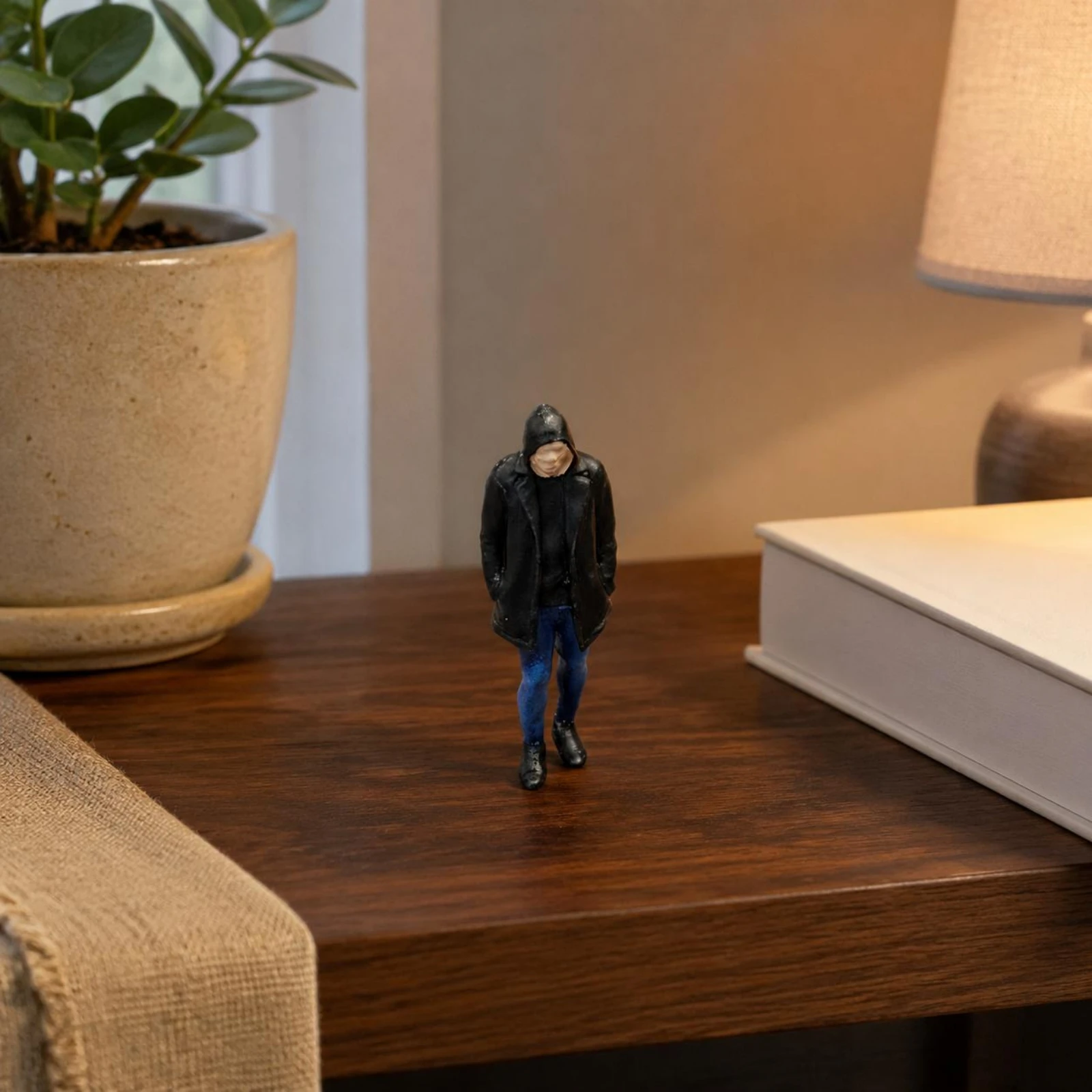 

Painted Miniature Man Intricate Details Hooded Figure Hooded Man Figurine Glossy Finish Display Piece Gift Idea for Desk