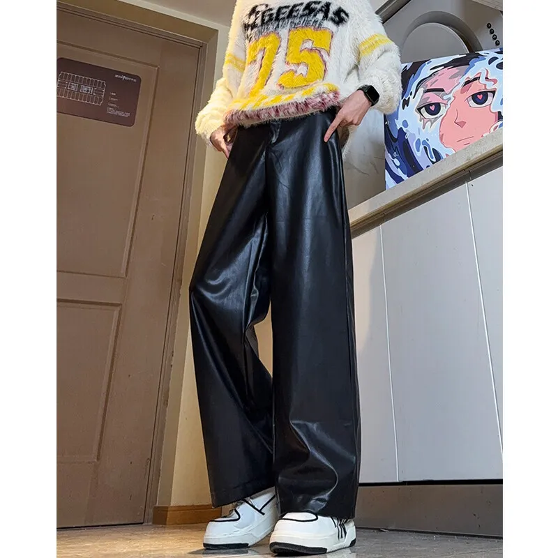 

Brown Black Leather Pants Men Casual Motorcycle Pants Men Streetwear Hip-hop Loose Wide Leg Pants Mens Trousers Plus Size 5XL