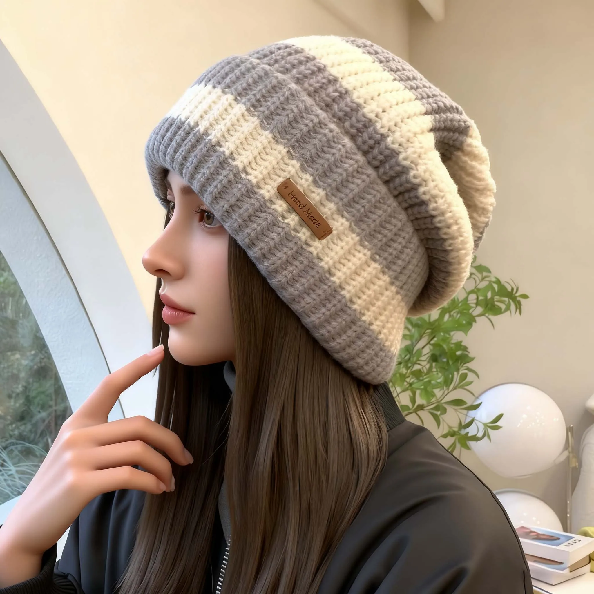 قبعة صغيرة محبوكة مخططة للنساء قابلة للتمدد وناعمة ودافئة للشتاء للاستخدام في الهواء الطلق