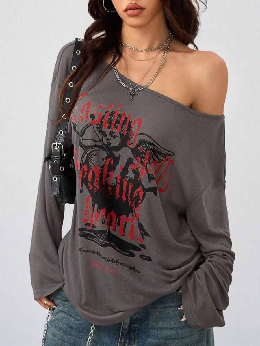 

Women's Grey Off-Shoulder Long Sleeve Graphic Tee, Asymmetrical Neck, Grunge Y2K Style