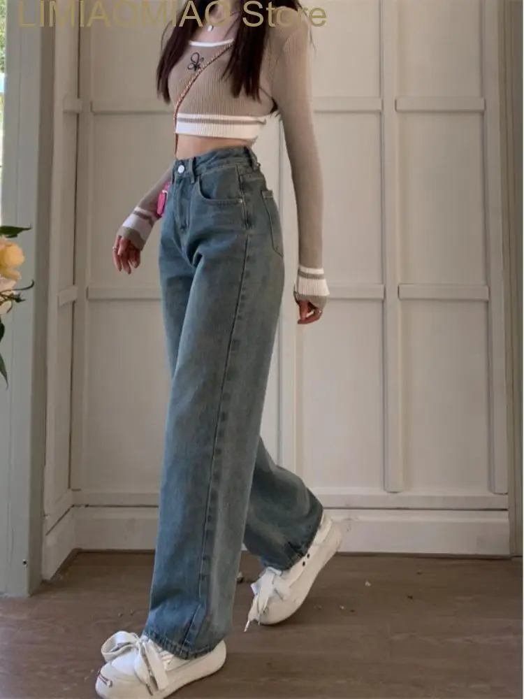 New Summer Blue Vintage Jeans Women High Waist Slim Casual Straight Jeans Female Button Retro Korean Fashion Wide Leg Trousers