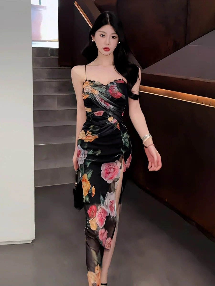 Sukienka damska letnia w stylu retro z kwiatowym wzorem, nowa, seksowna, wyszczuplająca, długa, z wysokim stanem, rozcięciem i zamkiem błyskawicznym...