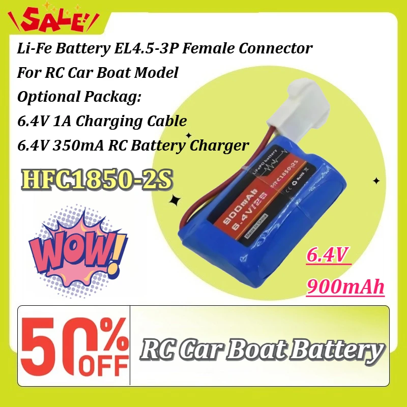 

New HFC1850-2S 6.4V 900mAh Li-Fe Battery EL4.5-3P Female Connector for RC Car Boat Model Replacement High Quality Battery