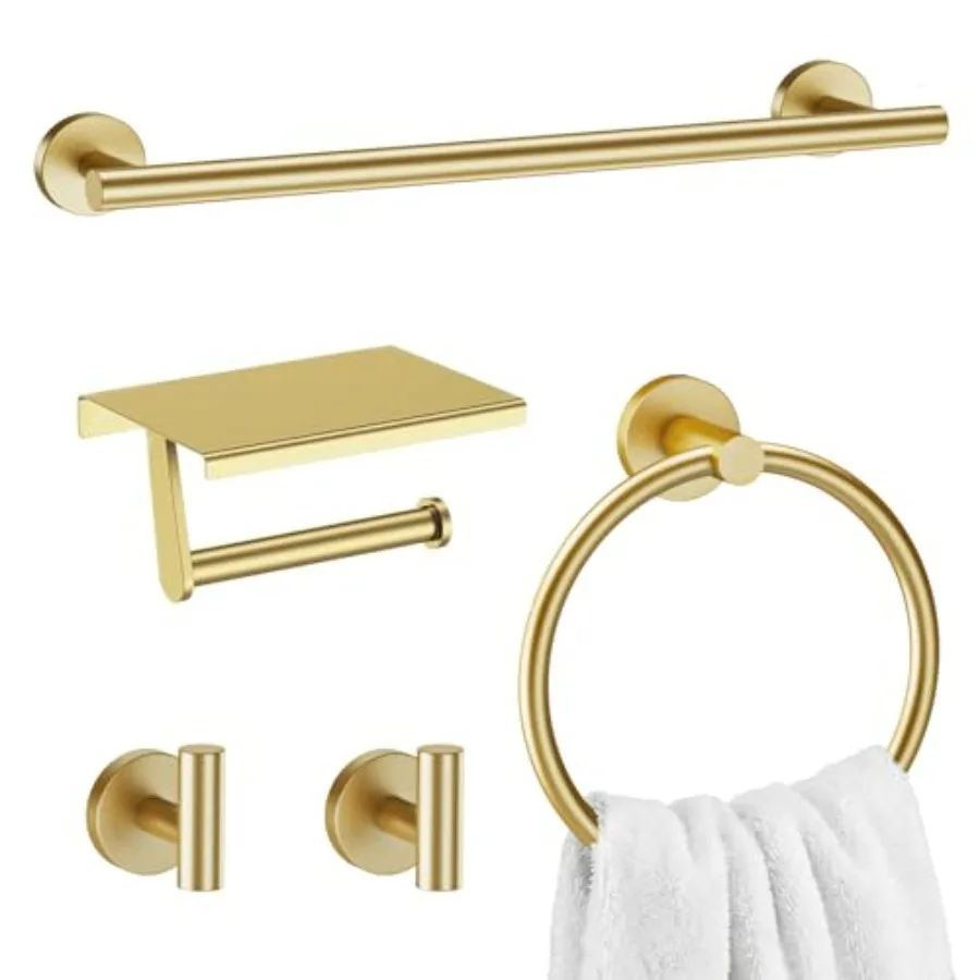 

5-Piece Bathroom Hardware Set SUS304 Stainless Steel Round Towel Bar Towel Ring Toilet Paper Holder 2 Robe Hooks Concealed Moun