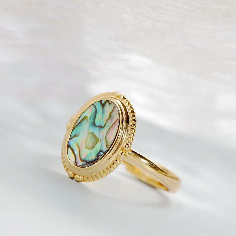 Elegant Simplicity 925 Sterling Silver Ring Inlaid Natural Abalone Shell Oval Design 18K Gold Plated Ring Fashion Jewelry Gift