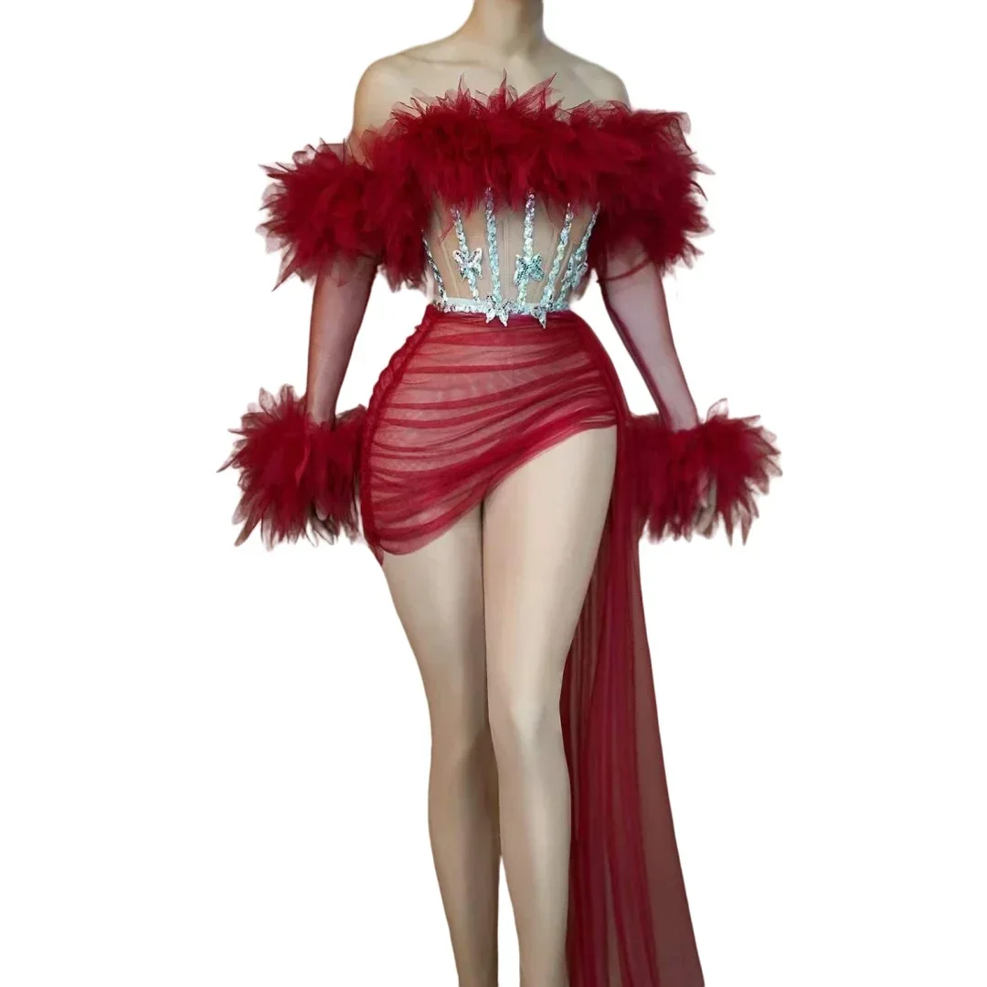 Cheerleading Las Vegas Showgirl Charming See Thru Drag Queen Outfit Pregnant Sexy Stage Wear Red Mesh Sequins 2 Pcs Set Dress