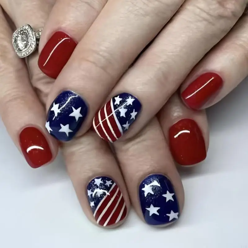 

R3MF 24 Pcs Stars False Short Square Press On 4th of July Full Cover on Independence Day Acrylic